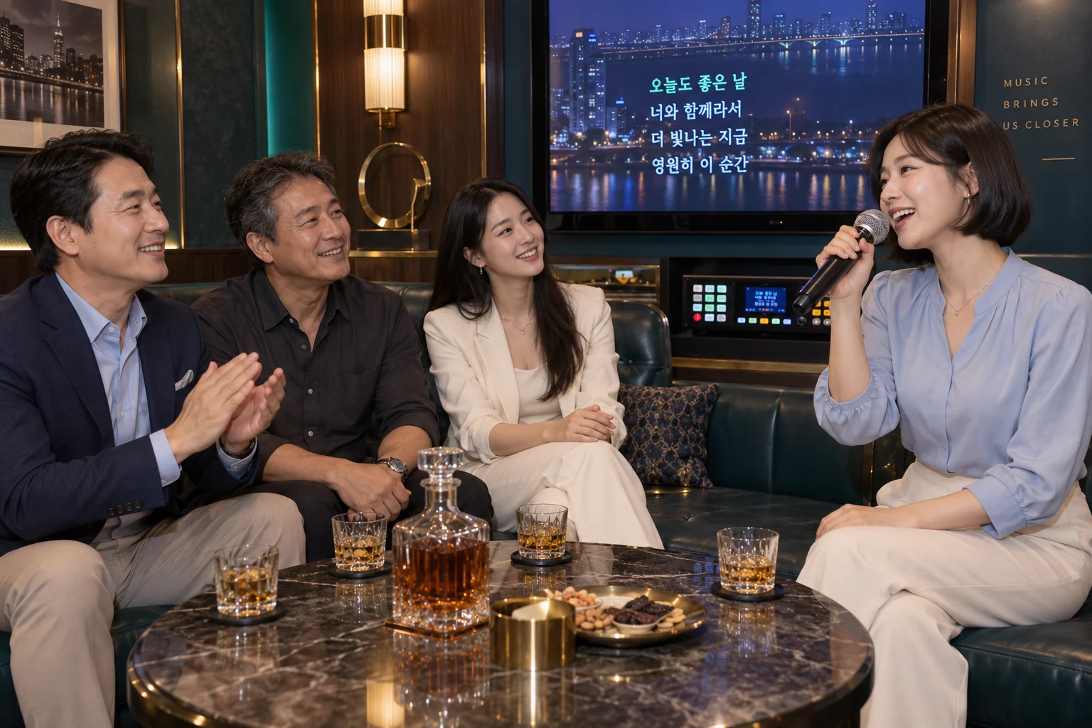 고급 룸에서 성인 여성이 노래하고 중년 남성과 성인 여성이 즐겁게 어울리는 AI 모임 이미지