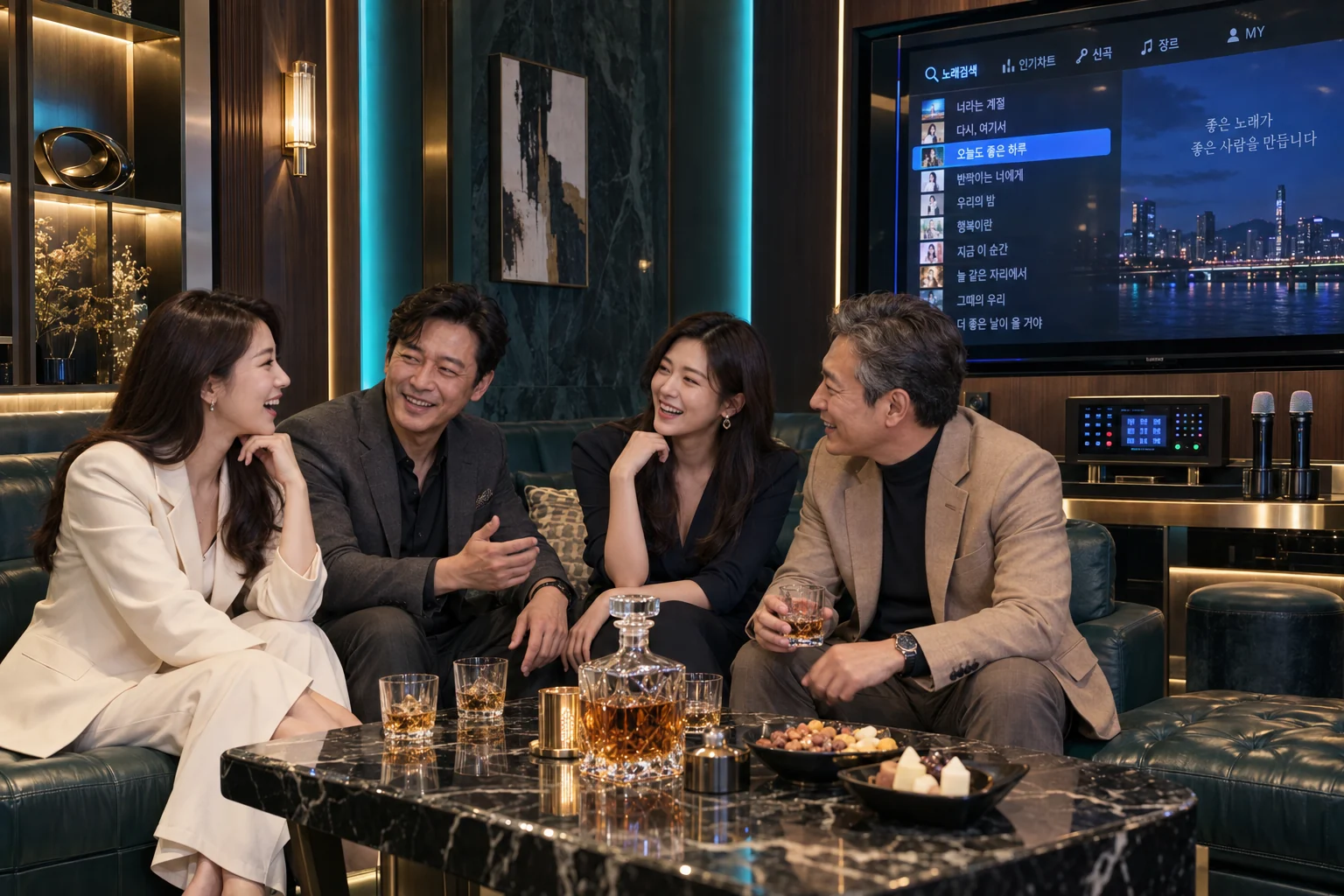 고급 노래방 룸에서 젊은 성인 여성과 중년 남성들이 위스키를 두고 즐겁게 대화하는 AI 분위기 이미지