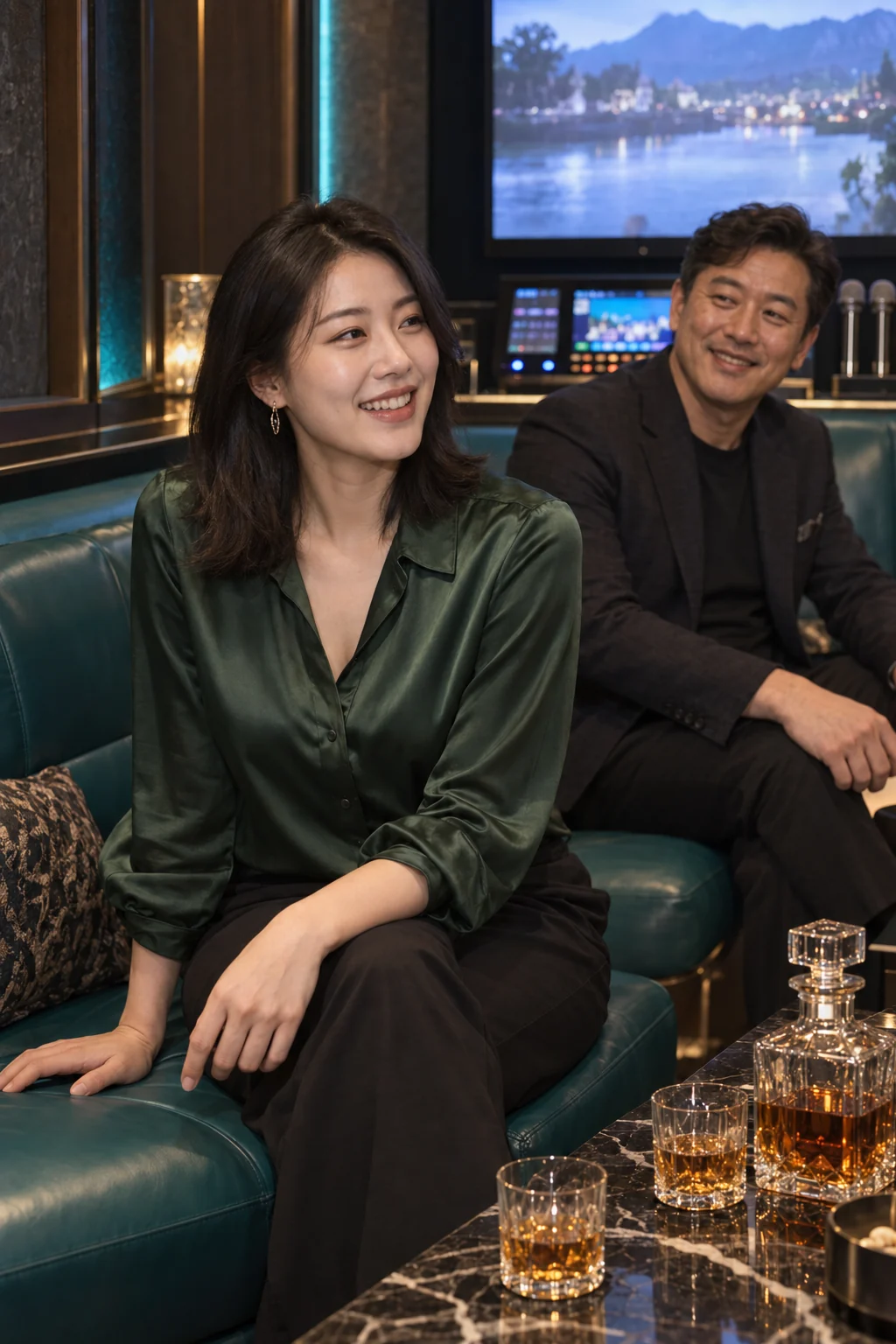 노래방 룸 소파에서 성인 여성과 중년 남성이 편안하게 대화하는 AI 분위기 이미지